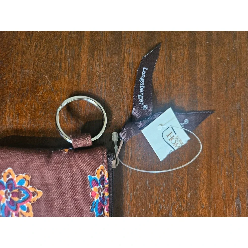 Longaberger Coin Purse Keychain Women Small Brown Fabric Floral Zipper NWT